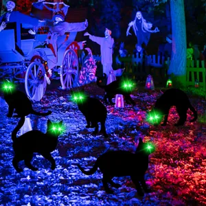 Halloween black cat yard stakes with glowing green eyes outdoor lawn decoration spooky props.