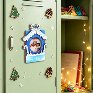 Wooden Christmas Magnetic Photo Frame Refrigerator Sticker Holiday Home Decor Gift