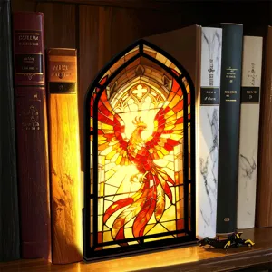 Inserto per fermalibri fenice in vetrate gotiche con illuminazione LED calda per libreria.