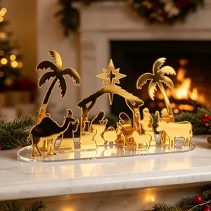 Décoration de table de scène de nativité de Noël en acrylique doré pour les fêtes.