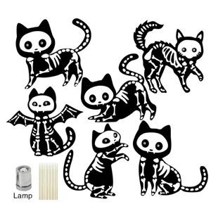 Halloween black cat skeleton yard stakes set with glowing light for garden outdoor decoration.