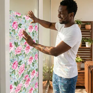 Decorative floral static window film with colorful prism effect for home glass door decor.