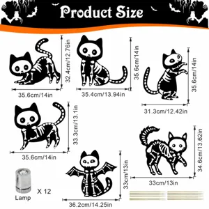 Halloween black cat garden stake size chart showing luminous yard decor and lamp dimensions.