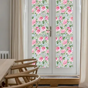 Decorative static window film with pink peony floral design, non-adhesive glass sticker for home.