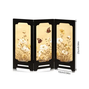 Miniature 3-panel folding screen desktop decorative ornament with traditional Chinese floral art.