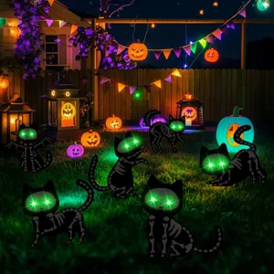 Halloween glowing black cat lawn stakes detail view, spooky yard decor with green LED eyes.