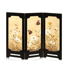 Vintage tabletop folding screen with traditional Chinese floral art, perfect desk decor.