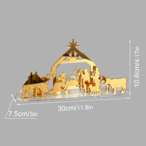 Décoration de table de crèche de Noël en acrylique doré avec dimensions claires.