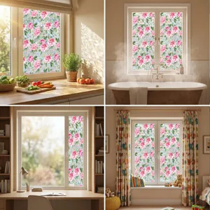 Decorative pink peony static window glass film privacy sticker for home room decoration.