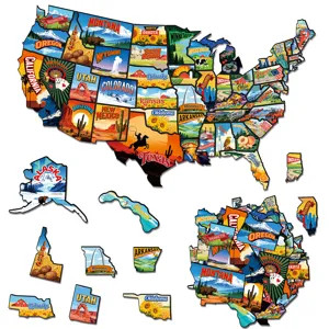 Detailansicht des USA-Landkarten-Kühlschrankmagnet-Puzzles mit Bundesstaaten-Motiven.