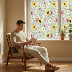 Detail view of floral static window glass sticker featuring sunflowers and daisies for home decor.