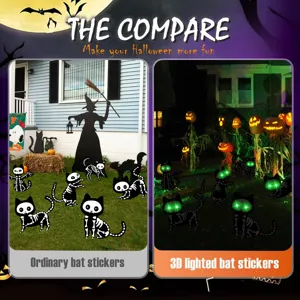 Detail view showing Halloween glowing black cat yard stakes comparison day and night effects.