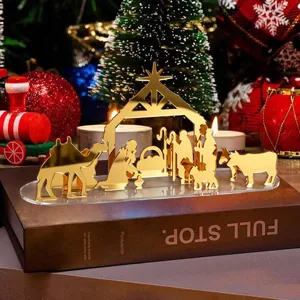 Figurine de décoration de table de scène de nativité en acrylique doré pour fête de Noël.