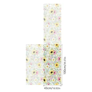 Floral static window film detail view, colorful sunflower and daisy pattern, adhesive-free.