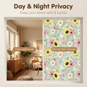 Static window privacy film with sunflower and daisy floral design, non-adhesive glass sticker.