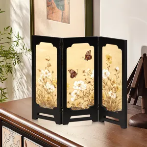 Miniature wooden screen detail, vintage Chinese style desktop decoration with butterfly floral art.