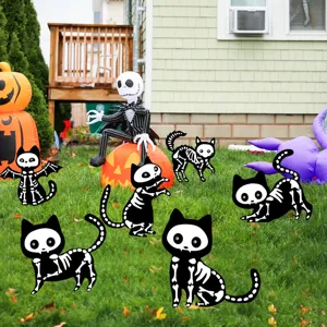 Halloween black cat yard signs with skeleton design, glowing LED lawn decor for outdoor party.