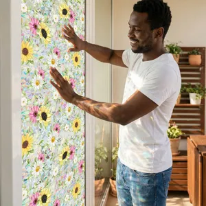 Floral static window film detail view, colorful sunflowers and daisies pattern for home decor.