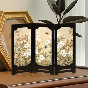Miniature Chinese retro style folding screen tabletop ornament, vintage floral butterfly decor