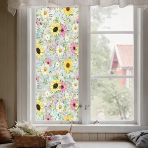 Decorative floral window film showing realistic static cling privacy sticker applied.