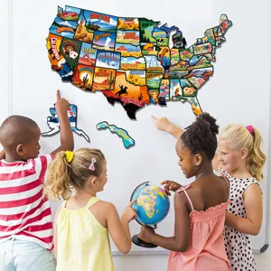 Detailansicht des USA-Karten-Magnetpuzzles mit bunten Bundesstaat-Illustrationen und Namen.