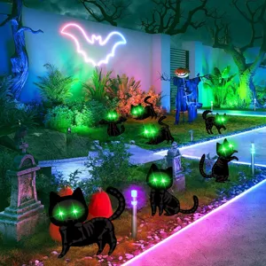 Halloween black cat garden stakes with glowing green eyes yard outdoor spooky decor LED