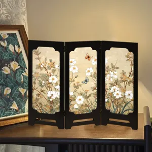 Vintage Chinese style miniature folding screen desktop ornament with floral butterfly artwork.