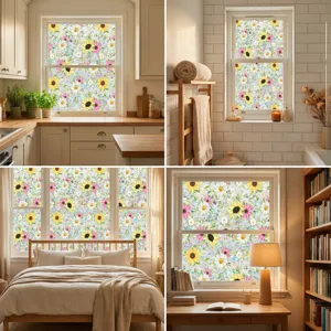 Static window glass film with floral sunflower pattern, privacy adhesive-free window sticker decor.