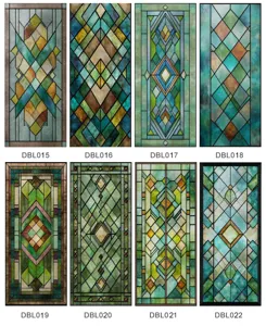 Detailed view of geometric stained glass window film, decorative 3D embossed privacy sticker.