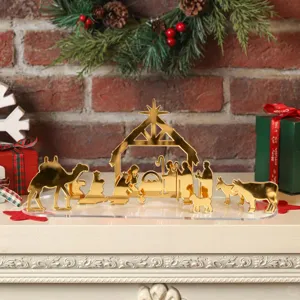 Decoration de table de Noel scene de nativite en acrylique doree figurine festive maison