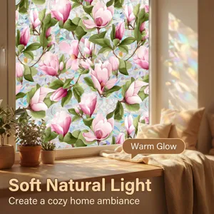 Cozy floral glass window film detail showing vibrant pink magnolia pattern and warm light.