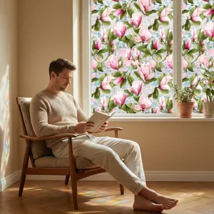 Decorative static window film with floral magnolia pattern, non-adhesive privacy glass sticker.