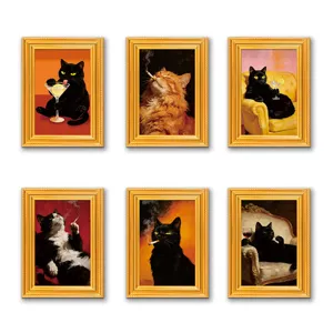 Funny black cat wooden photo frame fridge magnet set, retro animal art decor for home kitchen.