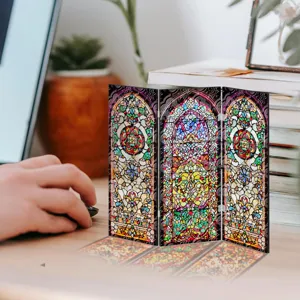 Mini paravent pliant en acrylique translucide décoration de bureau motif vitrail.