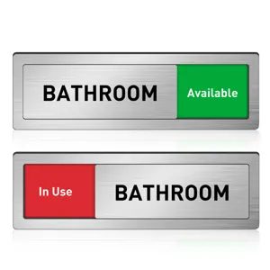 Stainless steel sliding bathroom door sign detail showing available and in use states.