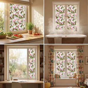 Decorative static window glass film with pink magnolia floral pattern for home decor.