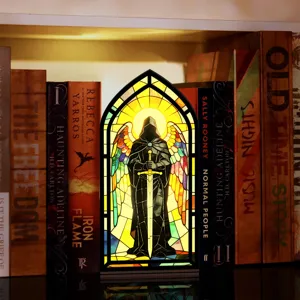 Ferma libri luminoso in vetro gotico, inserto angolare per scaffale di libri decor.