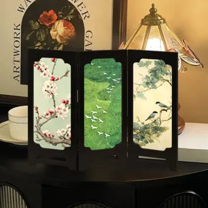 Mini Chinese style wooden folding screen tabletop ornament, vintage decorative home decor piece.