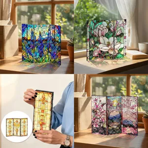 Mini Écran Pliant en Acrylique Ornement de Bureau Motif Bégonia Écran Décoratif Translucide Support de Présentation de Table