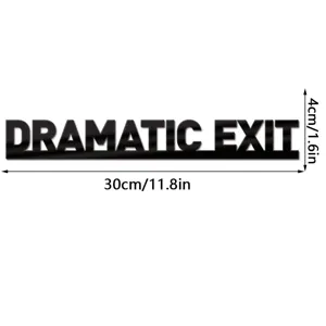 Black acrylic wall sticker detail showing product dimensions and dramatic exit lettering sign.