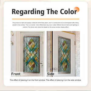 Detailed view showing color effect and installation comparison of 3d stained glass film.