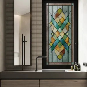 Detailed view of 3D stained glass window film, decorative privacy static cling film for home.