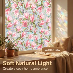 Decorative static window film with pink magnolia flower pattern for home privacy glass.