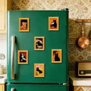 Detailed view of quirky cat photo frame fridge magnets displayed on a vintage green refrigerator.