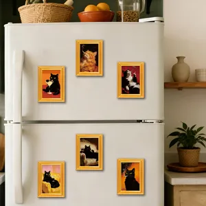 Detail view of funny retro cat fridge magnets with 3D wooden frames for home kitchen decor.