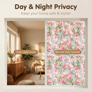 Static cling window film with beautiful pink floral magnolia pattern for home privacy and decor.