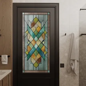 Decorative geometric stained glass window film detail, elegant privacy film for doors.