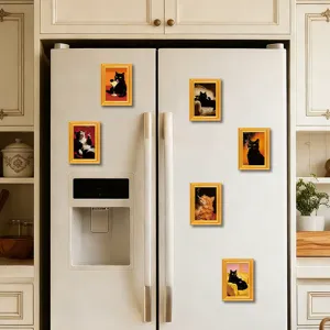 Funny quirky vintage cat oil painting 3D wooden frame refrigerator magnet for home decor.