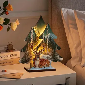 Árbol de Navidad de madera decoración de mesa luminosa LED con ciervo bosque de invierno.