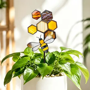 Piquet de plante abeille et alvéole en verre teinté pour plantes en pot et décoration de jardin.